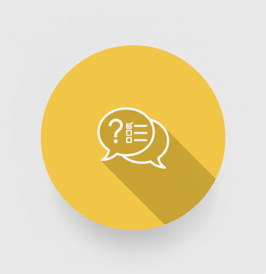 Yellow circular icon with a white line-art speech bubble containing a question mark